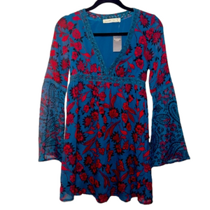 Jewel toned floral bell sleeve dress with lace detail Abercrombie and fitch